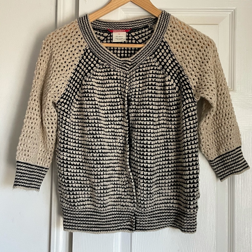 Unionbay Knit Cardigan Black White Button Up Sweater Cute Size M
